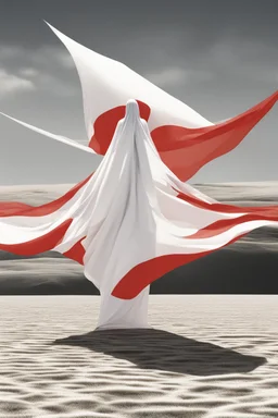 Giant massive huge in stature, majestic entity, hovering and floating over a large field landscape. the entity wears a white and red draped fabric that has printed on the material resembling stars. the fabric has also technological elements. you can see how big it is compared to a tiny human standing in front of it