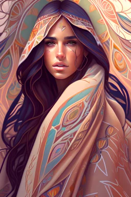 a beautiful young spanish woman wrapped in a blanket, native american style, full body, elegant, highly detailed, digital painting, artstation, concept art, smooth, sharp focus, illustration, alphonse mucha, 4K, photography, photorealistic, detailed illustration pastel tetradic colors, cute and quirky, hand-drawn, digital painting, soft lighting, isometric style, retro aesthetic, 4K resolution, photorealistic rendering, as painted in the style of Frank Frazetta