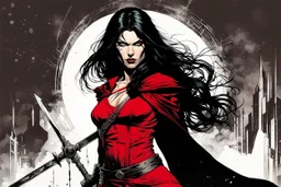 create Elektra Natchios as an arcane, ethereal, otherworldly female Ravnos ancient antediluvian vampire , in the comic book art style of Mike Mignola, Bill Sienkiewicz, John Romita Jr., Leonardo Romero, Simone D'ARMINI, and Jean Giraud Moebius, with highly detailed feminine facial features , finely penciled and inked , dramatic natural lighting