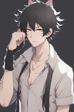 A male anime man with messy black hair, black cat ears and tail