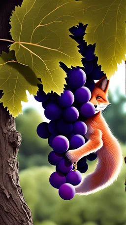 Grapes are too high on tree and on ground fox is jumping to reach the grapes but can't reach