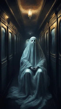 a ghost sitting alone in a sleepless night inside a dark train in a delusional state haunted by ghostly images, paint it in the baroque style, as if the man is horrified