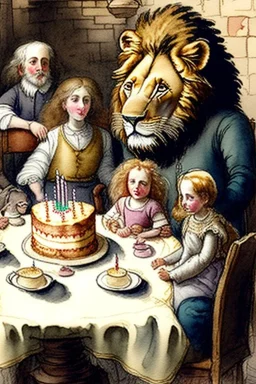 Jewish famils and lion are sitting at a table with a birthday cake. Watercolour