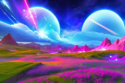 cosmic landscape with blue grass with magic lake, sky with light and stars. a bright spaceship in the sky with blu laser light