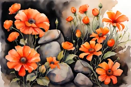 orange flowers, rocks, gothic horror and creepy influence, watercolor paintings