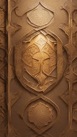 Hyper Realistic Bright-Glowing-Golden-Islamic-architecture-pattern on rustic-brown-rustic wall