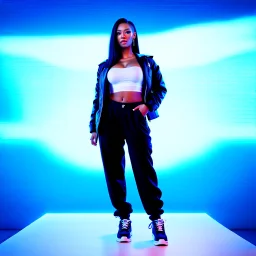 liminal space, blue and white, retrofuturism, empty stage,full body of very beautiful girl with pants and blouse and jacket , curvy hair ,standing idle pose in studio pretty makeup,perfect face,sport shoes