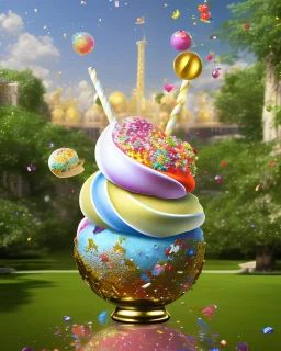 extravagant luxury icecream with extras, on sunny day, bokeh, vibrant color, 8k, RTX, realistic, 3D, Salvador Dali, Alma-Tadema