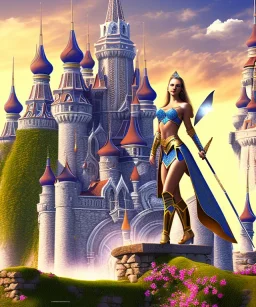 happiness world, castle background, warrior princess in front, portrait