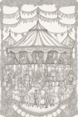 Coloring book page:: Circus: A whimsical illustration of a circus tent with acrobats, clowns, and a ringmaster:: high detail adult coloring book page thin black lines white background, 1 bit line art coloring book, only draw outlines, crisp, thick outlines, use up the entire screen, outline art, storybook illustration –no noise, book, logo, page, letters, words, markers, grayscale, –no black background –ar 3:4 –v 4