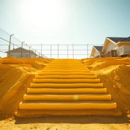 Photograph, wasteland, noon-light, huge fence in the background, bright, brutalist steps, yellow, daylight, details of the powder very accentuated, high contrasts, fence, powder, aluminum, row of houses