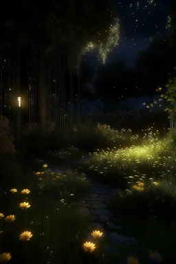 generate me an image of luxurious gardens with tall overflowing foliage and beautiful flowers at night with fireflies