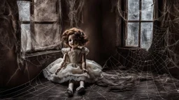 an old, dirty, worn (porcelain doll sitting in a beautiful lace dress) in a broken, dirty window, spiderweb, abandoned old room, dark surreal atmosphere, dull lights, dark colors sinister , surrealism, matte background