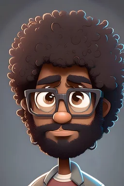 cartoon character with dark skin, curly hair, geeky round spectacles slight beard