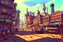 Cartoon steampunk street level city square