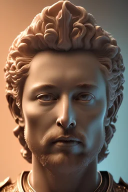 Ultra Realistic image, roman sculpture, deluxe white marble material, elon musk with red laser eye, Renaissance style, miguel angel style, chisel style, emperor, waist up portrait, epic, celestial, cinematic lighting, God light, god rays, 4k resolution, smooth details, ornate details, unreal engine 5, blue sky background.