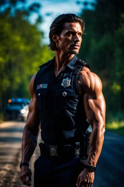 handsome muscular male police officer age 25 with shoulder length hair and a goatee. Standing by the roadside. Trees in the background. Photorealistic. 4K. Dark Romance