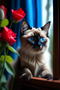 a small fluffy Siamese cat with big eyes sits touching a flower on the window with its paws geranium, pixar, surrealism, fantasy, mysticism, aesthetically pleasing, beautiful, professional photo, 30mm lens, 1/250s, ISO 100, f/2.8, 4k, high resolution, high detail, realistic, pixel graphics, soft lighting