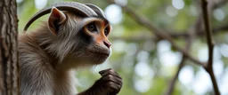 close up on member of monkey sloth goat flock climbing trees