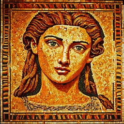 A mosaic floor that was discovered in archaeological excavations inside the remains of a Roman temple and contains a creative and artistic digital mosaic portrait of the goddess of beauty Venus. The portrait consists of many small square tiles or fragments arranged in a way that creates the features of her face and expression from a distance. Despite being composed of these individual blocks of color and pattern, the overall effect creates a striking and detailed likeness that captures the chara