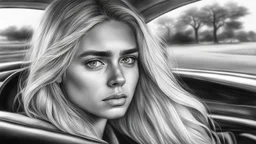 Black and white pencil sketch of a sad blonde driving a car, tears, photorealism, 3d, 64k, high resolution, hyperrealism, f/16, 1/300 s.