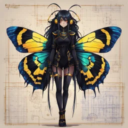 full body portrait illustration , long hair, with detailed blueprints and engineering schematics of a walking hybrid Madagascan sunset moth insect girl, antennae, black sclera, gold eyes, in anime style, with highly detailed facial features, drawings, and technical notation, 8k, vibrant natural colors