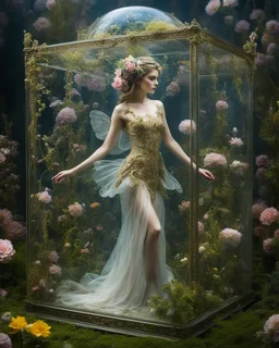 Photography The beautiful fairy girl in glass box is an abstract concept that refers to a world made entirely of flowers or plants, often in a fantasy or mythical setting. The flower planet in this image appears to be a baroque world, with ornate spiral patterns and intricate designs.