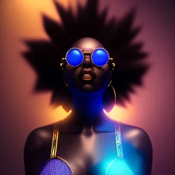 a black woman with blue crystal shiny sunglases on the dancefloor, steam punk, realistic, made in octane, cinematic, ultra-realistic, extremely detailed octane rendering, 8K, VRAY Super Real ar 2:3, dof photorealistic futuristic 50mm lens hard lighting dark gray tintype photograph, realistic lighting