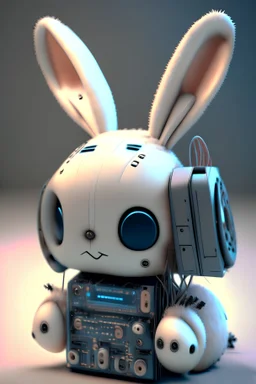a very cute robot bunny made from modular synthesizers, analog synthesizers, c4d render