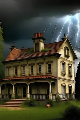 and old rich house with thunder outside