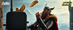 Movie poster portrait. The mighty God Thor sees the toaster on a pole, spit out the warm bread. The bread is jumping over his head. In the style of Rembrandt and "Gods of Fallout 4". He is sitting on the balcony of his castle, with a great view over the frozen valley. He is trying to grab the bread quickly.