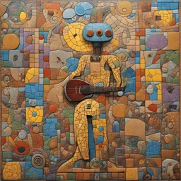 Pop street surrealism, graffiti wall mosaic art, by Os Gemeos and Salvador Dali, surreal guitarist robot, mosaic pronounced tiles