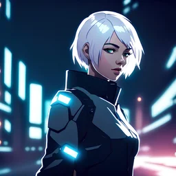 young futuristic female bodyguard with short white hair, anime style
