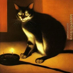 Painting of a cat by Caravaggio, sitting near a lit candle in a dark room