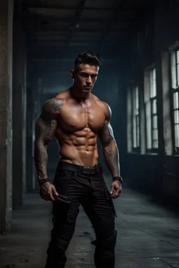 Handsome muscular alpha male, 30 years old, Dark brown eyes, Long chocolate brown hair, bare chest covered in tattoos and scars. wearing black combat trousers and heavy boots, hyperrealistic, 4k, dark fantasy, large house in the background