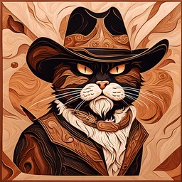 angry cowboy cat in marquetry art style