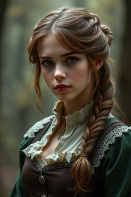 A pretty fantasy girl, hazel hair, intelligent, historical, middle-aged