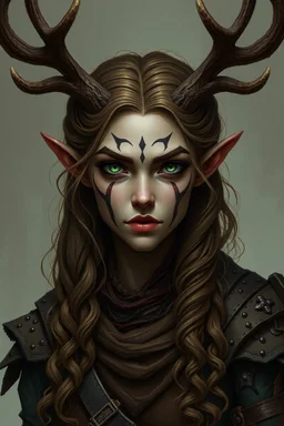 A female fantasy warrior with antlers, olive toned skin, long brown curly hair, green eyes. Quirky face with some type of markings. Grimdark realistic style