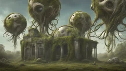 floating alien balls with tentacles, rampant foliage, vines, Spanish moss, next to a derelict alien building, photorealistic, surreal detail