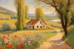 sunny day, mountains, trees, dirt road, flowers, spring, river, countryside, adobe house, friedrich eckenfelder and hans am ende impressionism paintings