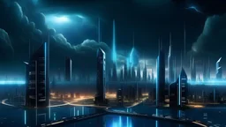 Futuristic city skyline at night with stormy sky, with a large illuminated and a crystal street sparkling below