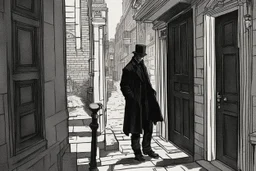 man in dark clothing, hiding around a corner while looking down on a brightly lit Victorian street