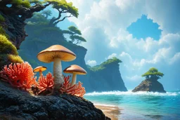 photorealistic exotic giant mushrooms and coral with tentacles on a rocky shoreline, cliffs, and cloud trees