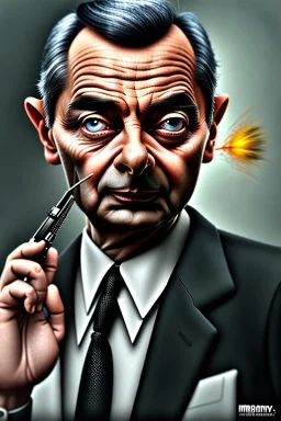 mr bean as the mafia godfather, concealed weapon, 4k, trending art, weird perspective, realism, spray paint, detailed