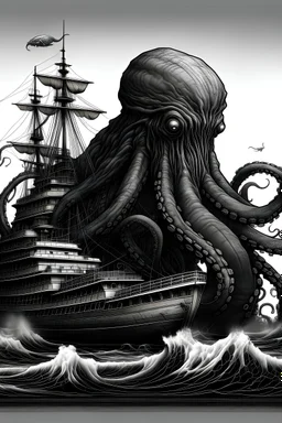 Realistic black and grey kraken monster attacking ship
