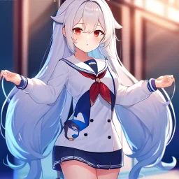 Clear focus,8k,Beatiful Lighting,Detailed,blue long pigtails,fluffy hair, long fluffy bangs, red eyes, wearing a sailor uniform, short skirt