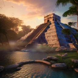 Chichen Itza, sunset, rainbow sunset, waterfall, palms, twigs, spring, sunset rainbow, bridge birds, unreal engine 5, cinematic lighting, realistic, hyper detailed, 8k, octane render