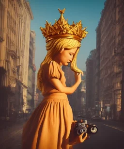 Statue of Queen of photography. Cute blonde woman. Photographer in golden crown. Standing on the street. Big camera in her hand. hyperdetailed, photorealistic, trending on artstation, greg rutkowski, beksinski, kodachrome, lomography, golden hour, bokeh, volumetric light