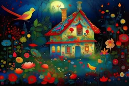A quiet, magical country. It's raining a little, beautiful birds are flying. Many fabulously beautiful flowers are fragrant and glowing. Beautiful tiny houses of fabulous creatures, they hide in the foliage. Megarealistic, bright colors, dot drawing, stardust. Catherine Welz Stein, Dmitry Vishnevsky