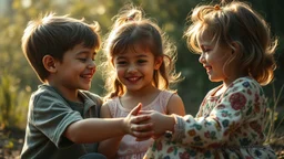 Beautiful happy telepathic young boys and girls playing together, finesse, devotion, serendipity, best friends, exquisite composition, beauty, magic, fantasy, close foreground detail, beautiful intricate insanely detailed octane render, 16k artistic photography, photorealistic concept art, soft natural volumetric cinematic perfect light, chiaroscuro, award-winning photograph, masterpiece